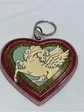 Vintage 80’s Glitter Heart Keychain with Winged Pegasus